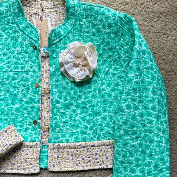 Reversible Quilted Cotton Blazer Jacket with Floral Brooch Cropped M, FBC Studio - Picture 14 of 17